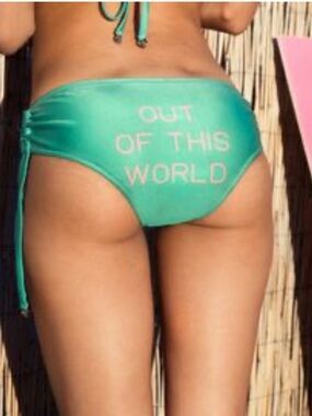 Wildfox Teal Bikini Bottom with "Out of This World" Text
